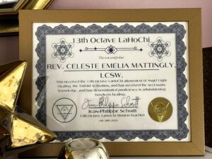 Framed certificate with gold decorative items